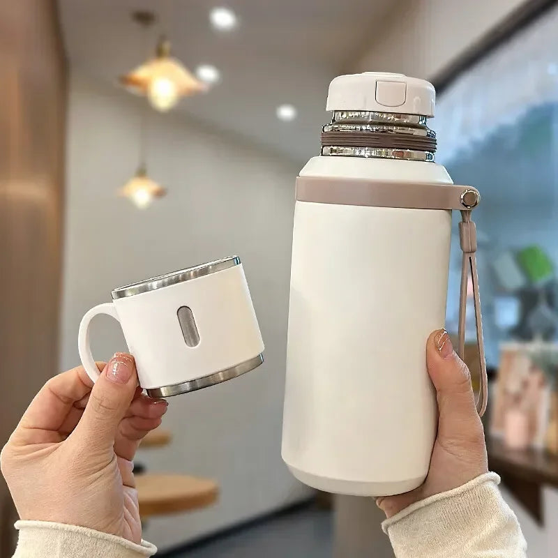 600ML Stainless Steel Insulated Bottle with Cup Lid Rope Handle Office Home Portable Thermos Cup Outdoor Kettle Coffee Cup
