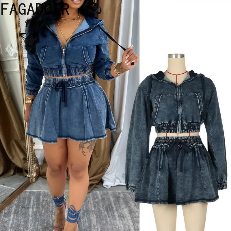 FAGADOER Fashion Denim 2 Pieces Set for Woman Wash Long Sleeve Hooded Crop Top and Pleated Skirts Matching Suits Streetwear New