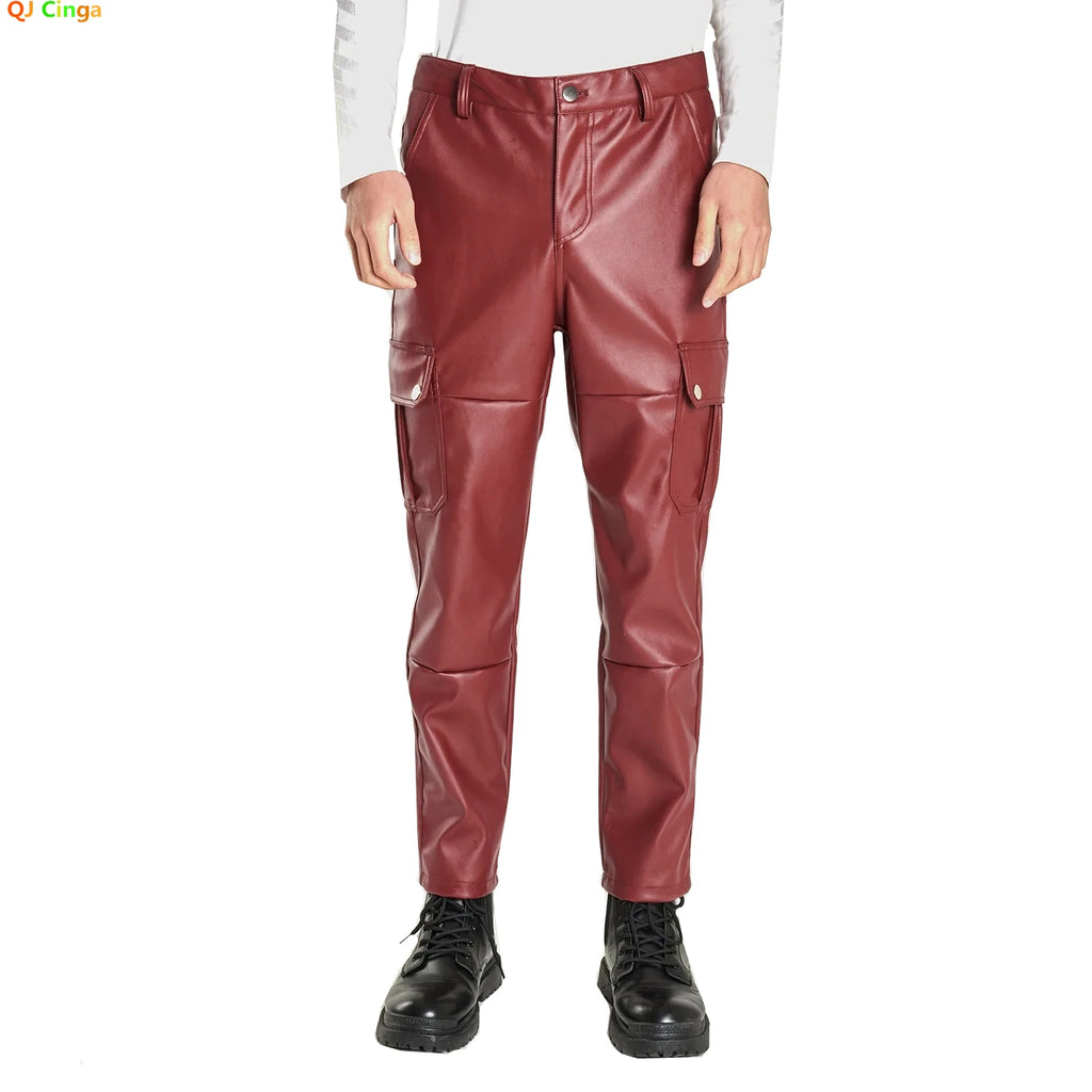 2026 Men's Black Leather Pants, Black Casual Pant, Autumn Fashion Biker PU Pants Loose Comfort Trousers, Khaki Dark Blue 5XL