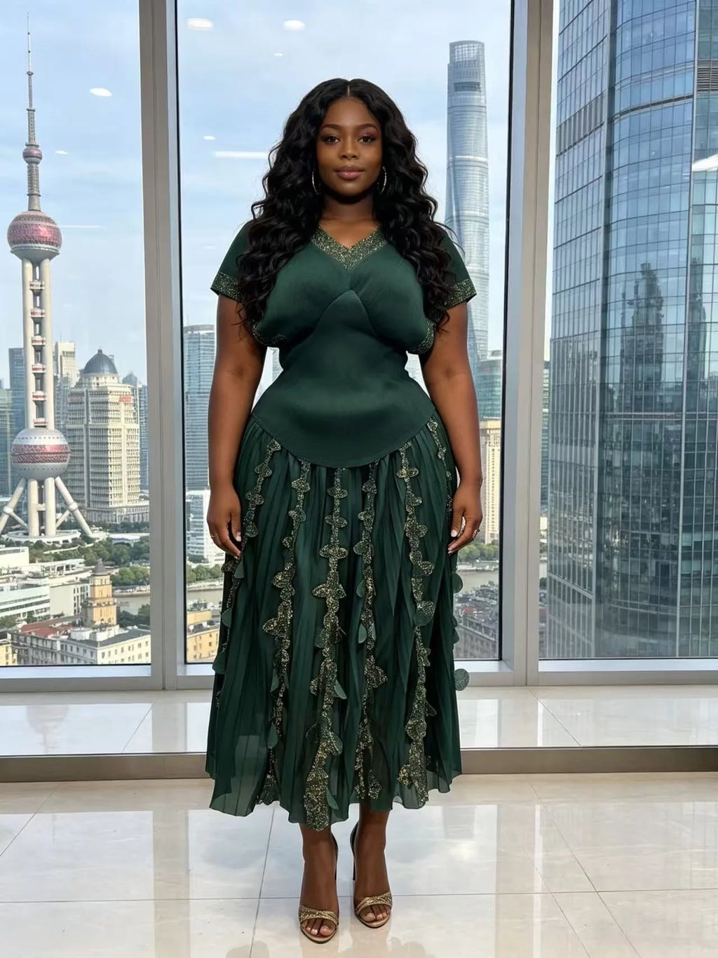 2026 Spring and Summer Retro High Waist and Thin Bronzing Suit  V-neck Bat Sleeve Versatile T-shirt Skirt Two-piece Suit Women