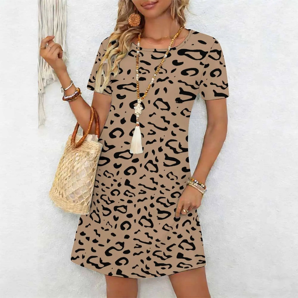 Women's Classic Leopard Print Short Sleeve Round Neck Midi Dress Loose Casual A Line Daily Wear Dress