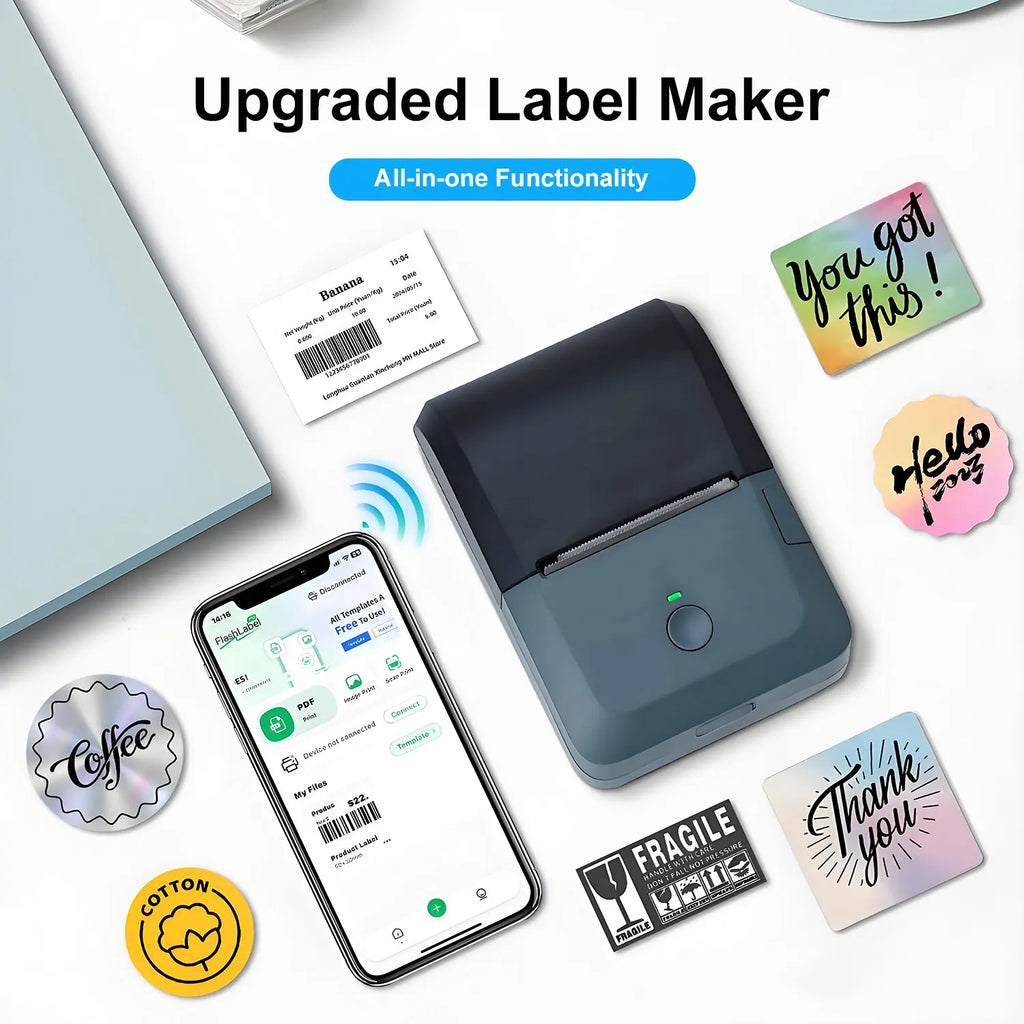 Compact Wireless Thermal Printer, Bluetooth Label Maker, Inkless Printing, Auto Paper Detection for iOS & Android Devices