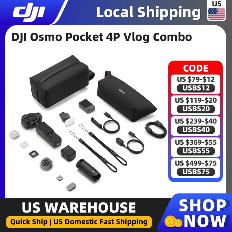 DJI Osmo Pocket 4P Vlog Combo Dual Cameras, Cinematic Shots Near & Far Enhanced 1-Inch CMOS New D-Log 2, Light & Shadow Precision