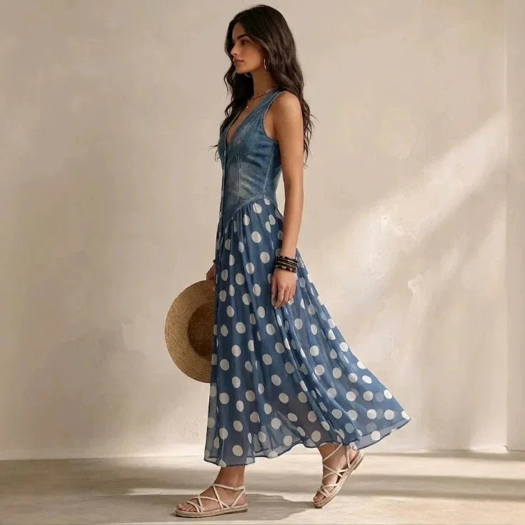 Fashion Print Denim Style Top and Polka Dot Skirt Matching Set
