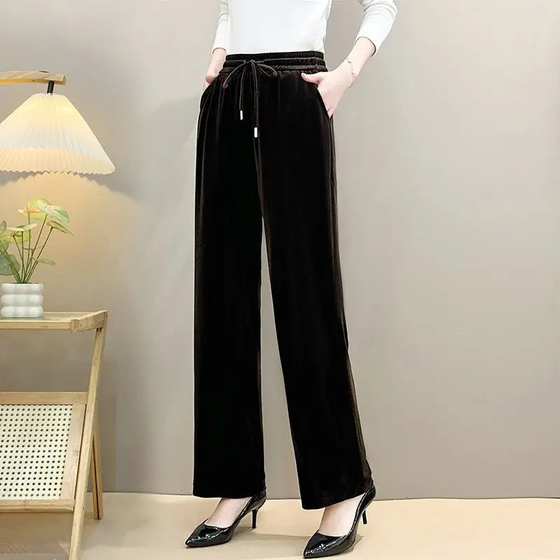 Women Drawstring High Waist Velvet Wide Leg Long Pants