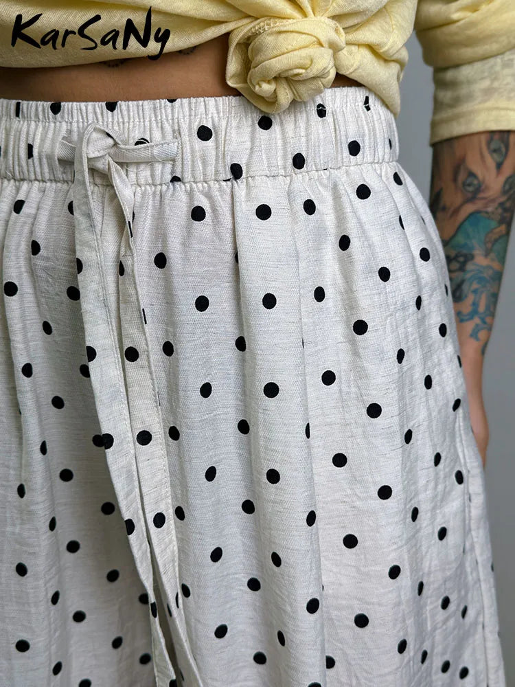 Polka Dot Cotton Linen Pants White Women Wide Leg Summer Spring Baggy Trousers For Woman High  Waist Linen Loose Pants Women
