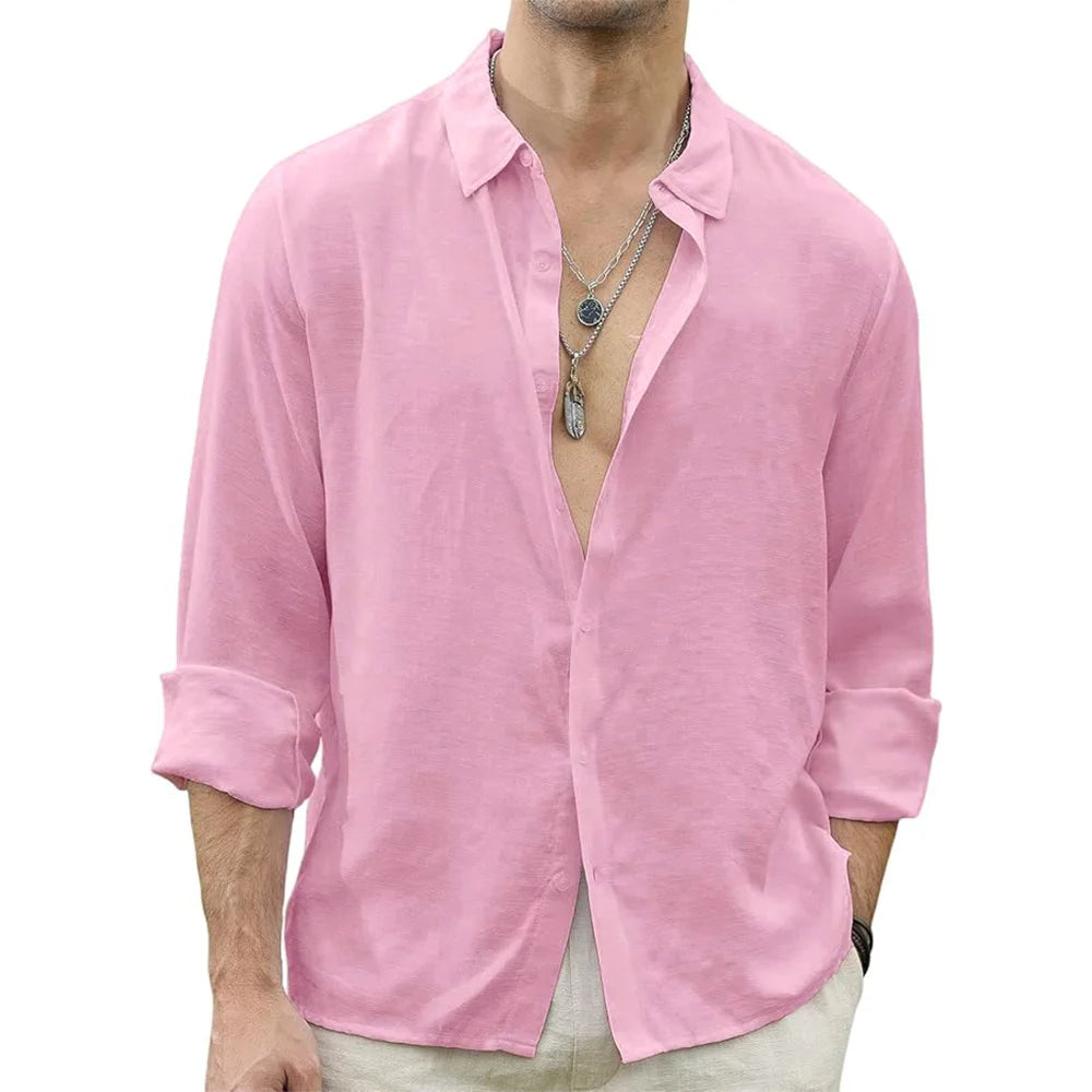 Men Beach Shirts Cotton Linen Shirts Men's Causal Loose Solid Color Long Sleeves Men's Autumn Hawaiian Streetwear