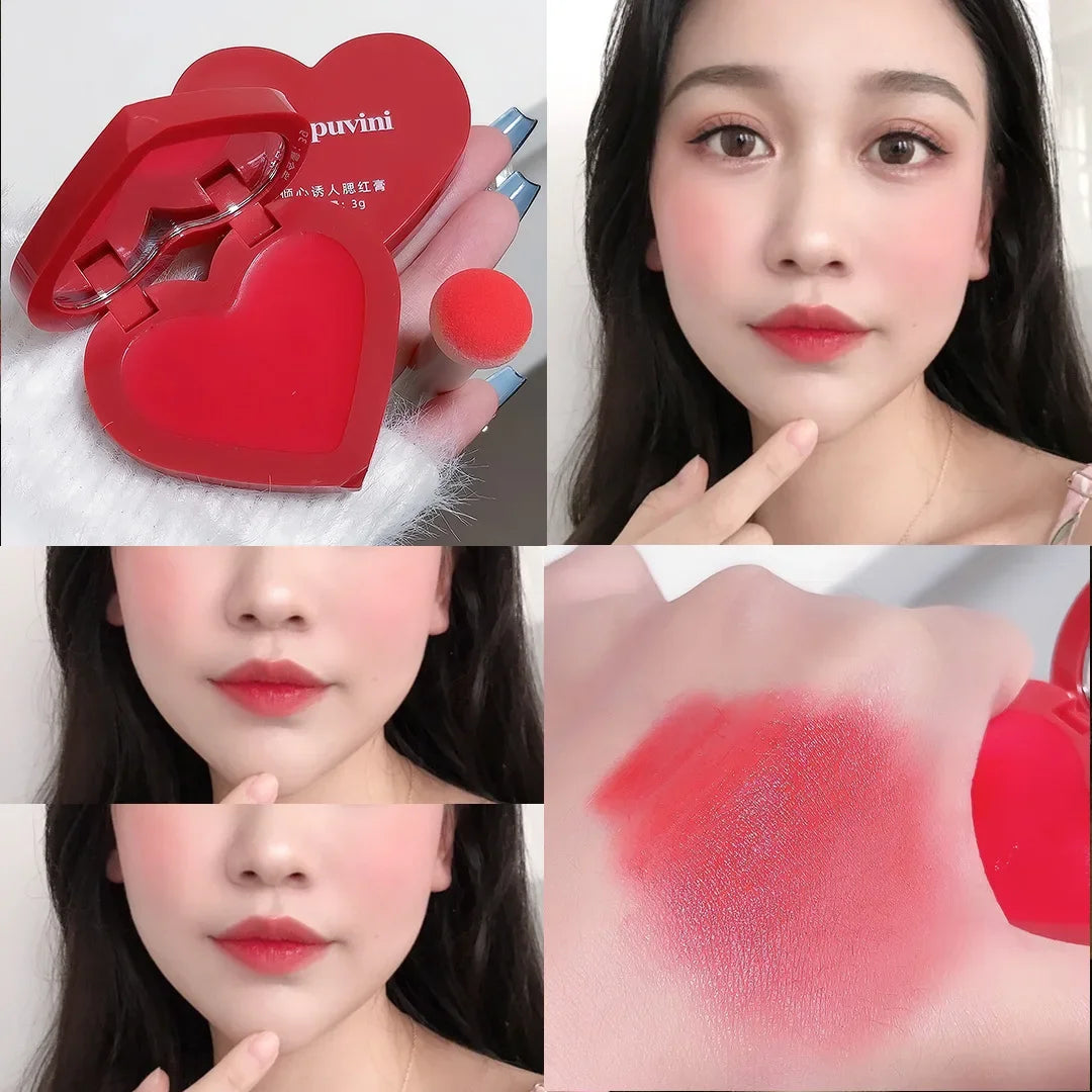 Love Air Cushion Powder Blusher with Mirror Red Rouge Matte Whitening Waterproof Makeup Cheek Tint Contour Peach Blush Cream