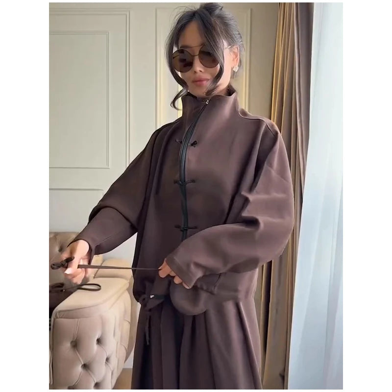 Coffee Tang Suit Two Piece Set Mandarin Collar Frog Button Top Wide Leg Cropped Pants Sets Lady Chic Retro Oriental Daily Wear