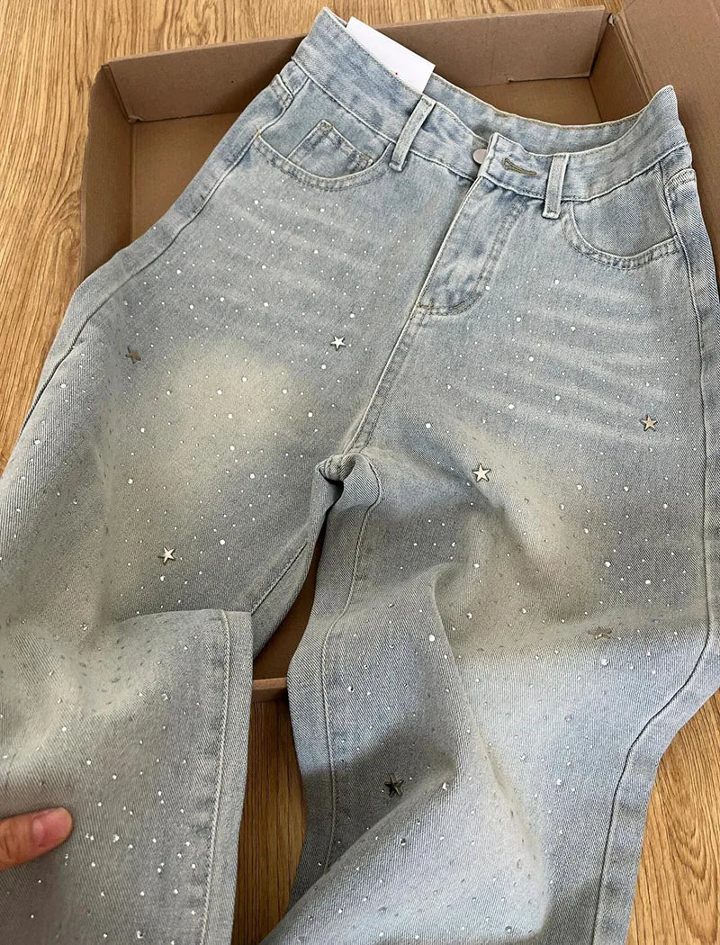 Elegant Light Blue Beaded Straight Denim Pants for Women High Waist Slim Fit Wide Leg Long Trousers