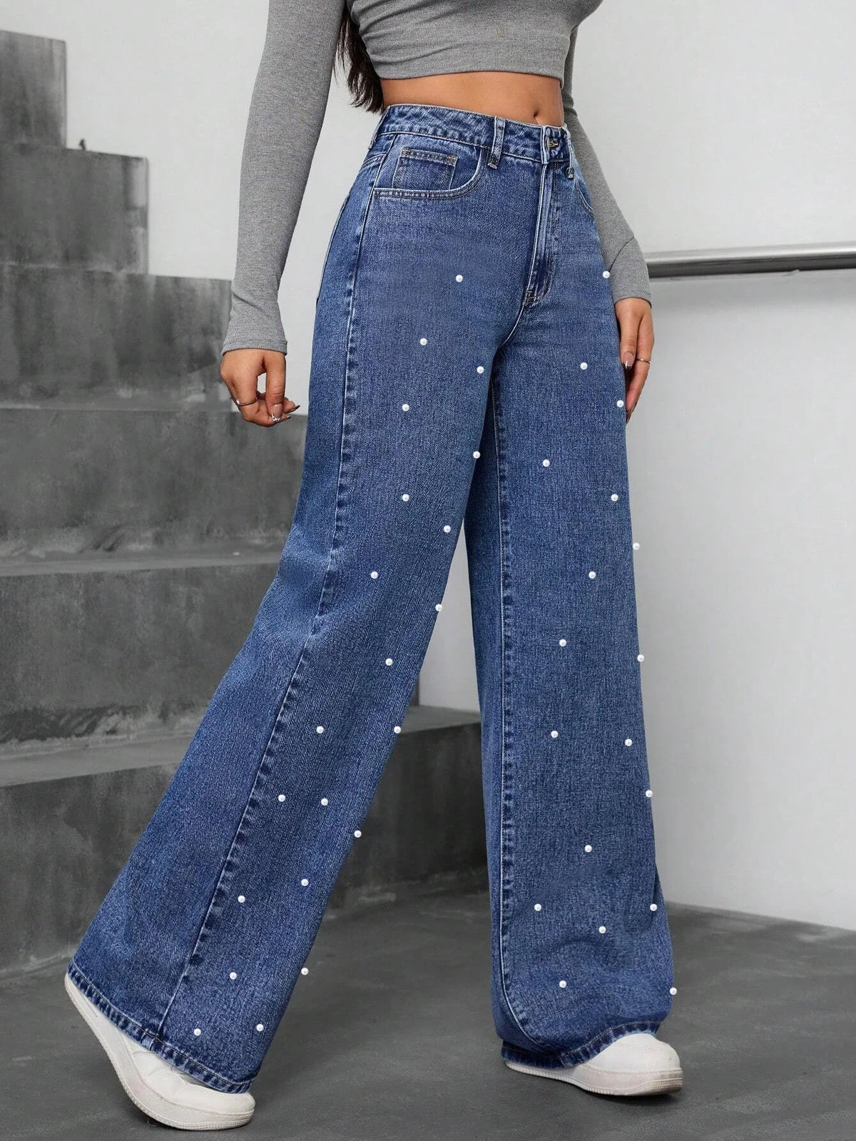Denim Straight Pants Women Pearls Spliced Jeans High Waist Washed Basics Ankle Length Trousers Streetwear Pant Solid Autumn