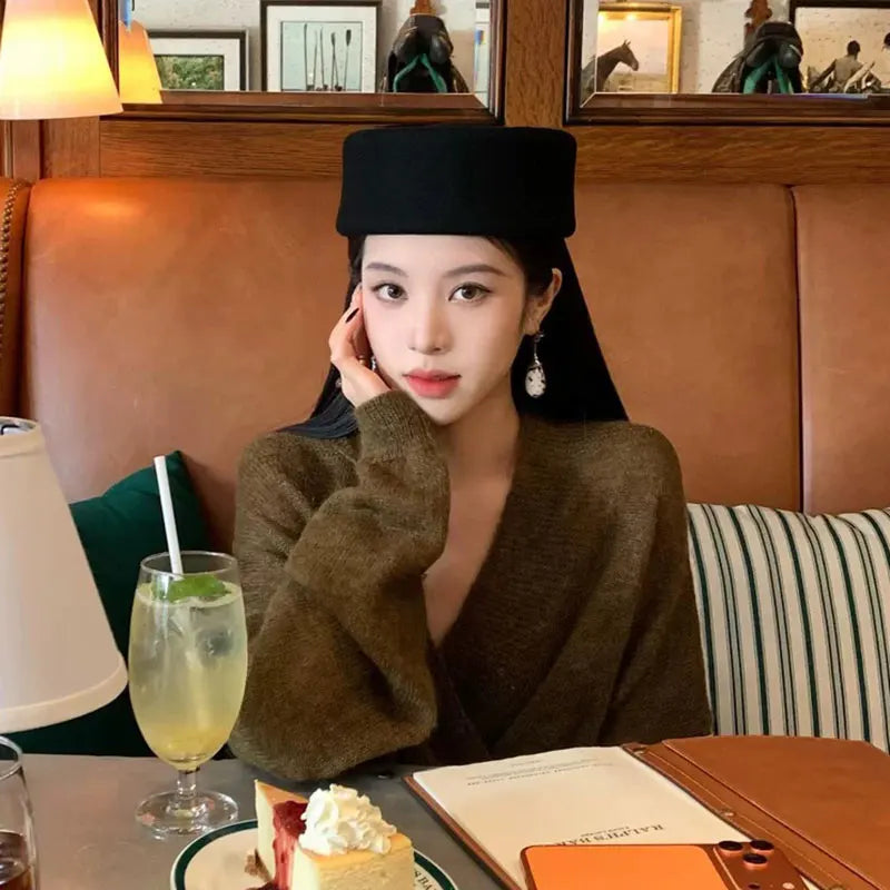 Women Berets Hat Fashion Fall Winter Vintage Concave Top Pillbox Cap 100% Wool Fedoras Hats Wedding Designer Western Church Hat