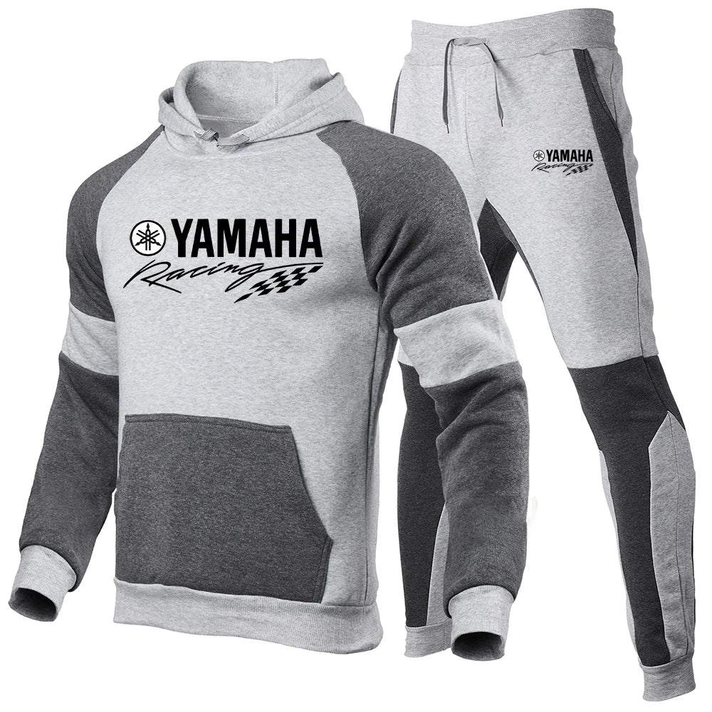 2025 New Yamaha Men's High Quality Splicing Hoodie Sportswear Cotton Top and Pants Sports Running Two Piece Set