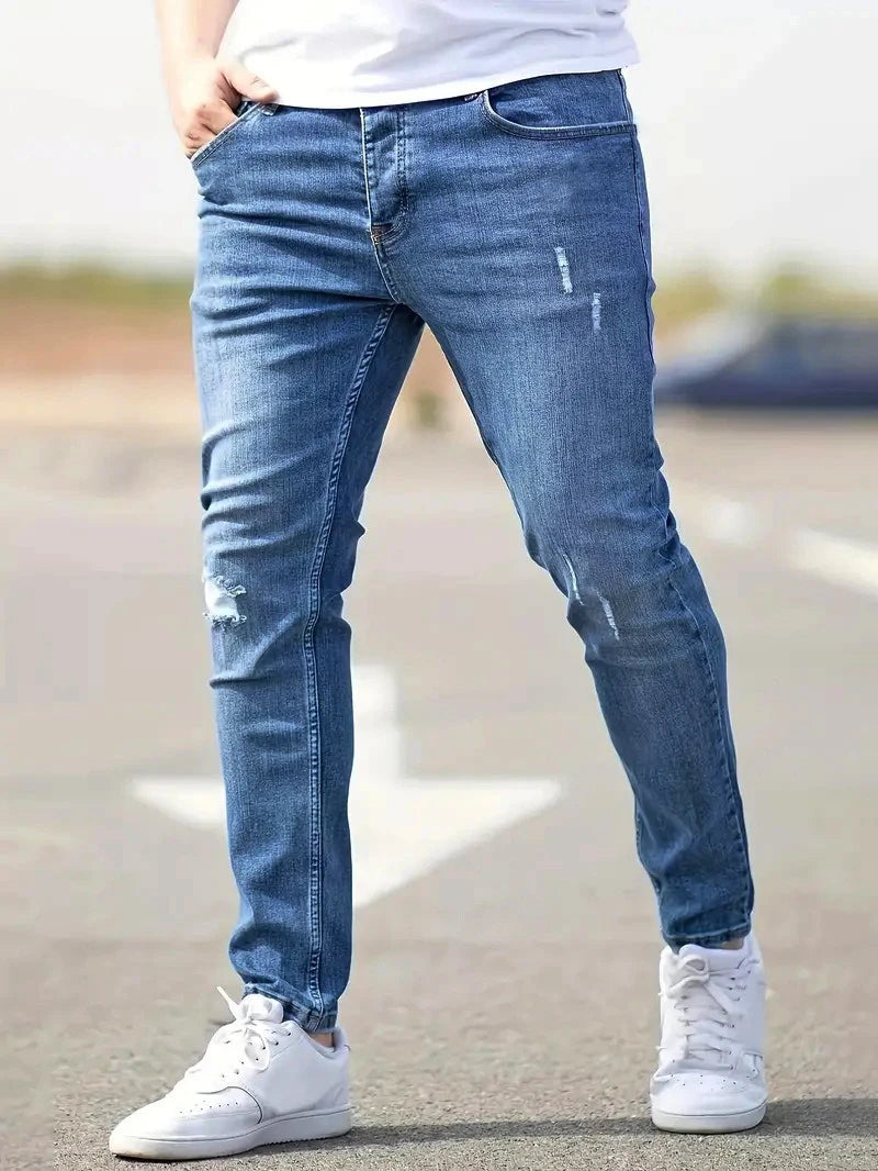 2026 Spring Men's Distressed Skinny Jeans Vintage Wash Elastic Biker Holes Casual Slim Fit Streetwear Denim Pencil Pants Joggers