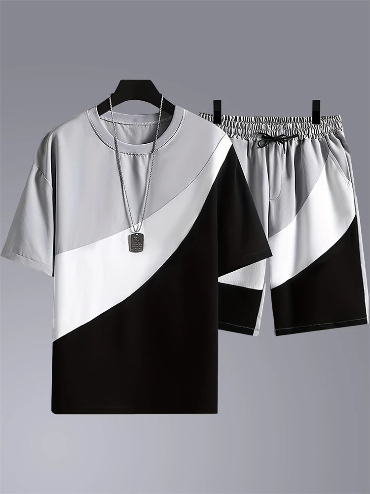 Men's New Summer Suit Fashion Striped Printed Round Neck Short Sleeve Shorts Two-piece Loose Breathable Home Fitness Style