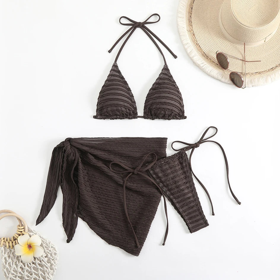 Sexy 3 Pieces Bikini Women Swimsuit 2025 Summer Halter Triangle Swimwear Bottom Bikinis Sets Beach Cover Up Female Bathing Suits