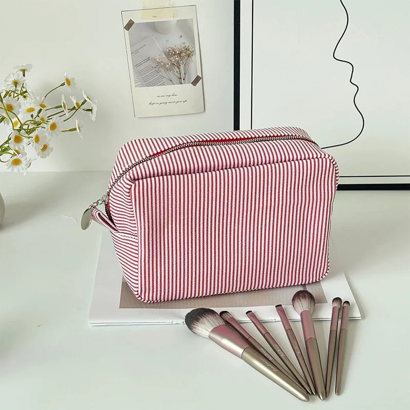 Personalized Striped Cosmetic Bag with Custom Text Embroidery Portable Travel Wash Bag Storage Pouch for DIY Makeup Skincare