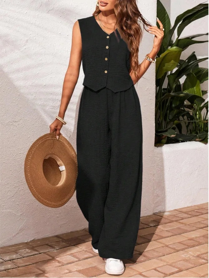 Two-piece Ladies Set 2026 Summer New Versatile Sleeveless V Neck Vest Tops Suits Fashion Casual Loose Tops Wide Leg Pants Sets