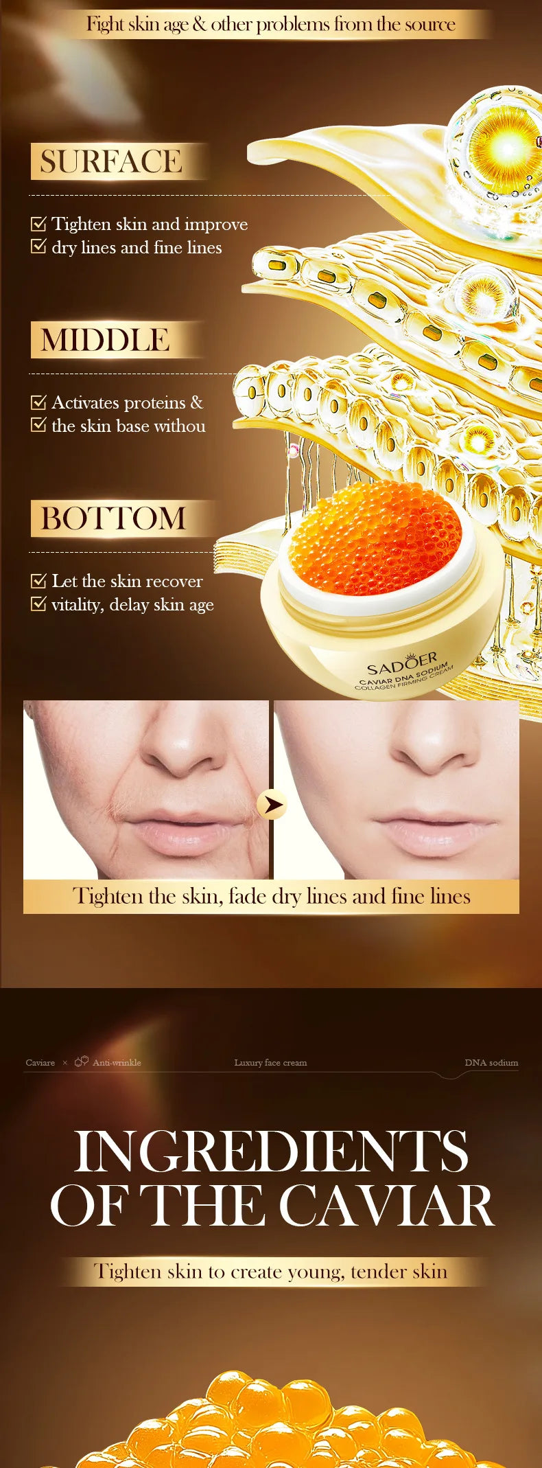 Caviar Anti-Wrinkle Face Cream Collagen Anti-Aging Firming Lift Fade Fine Lines Moisturizing Smooth Brighten Skin Care Products