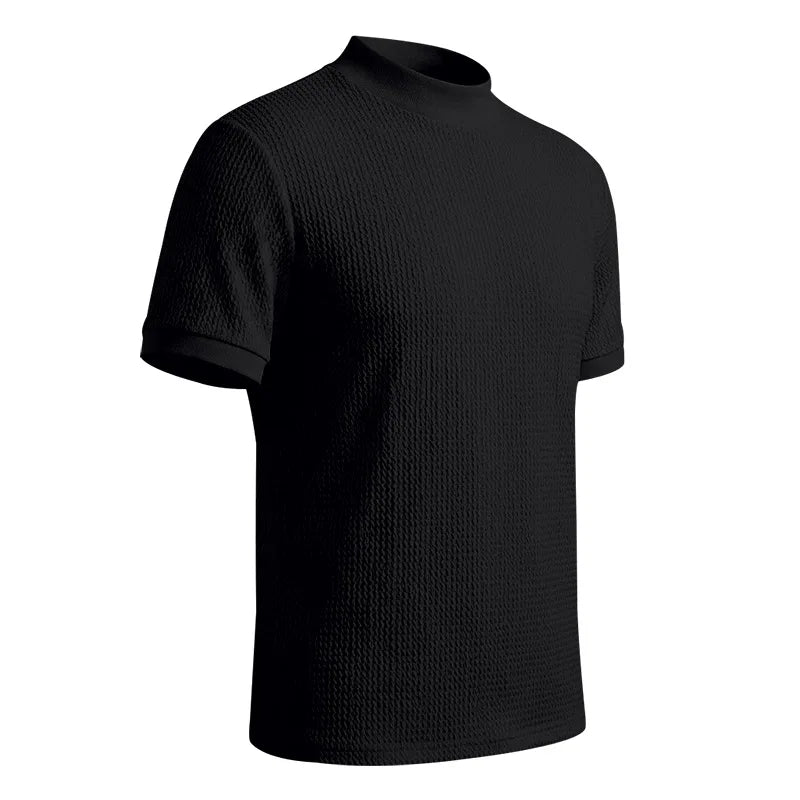Men Summer Solid Jacquard Textured Mock Neck Short Sleeve T Shirt Slim Fit Simple Versatile Casual Daily Male Basic Tees