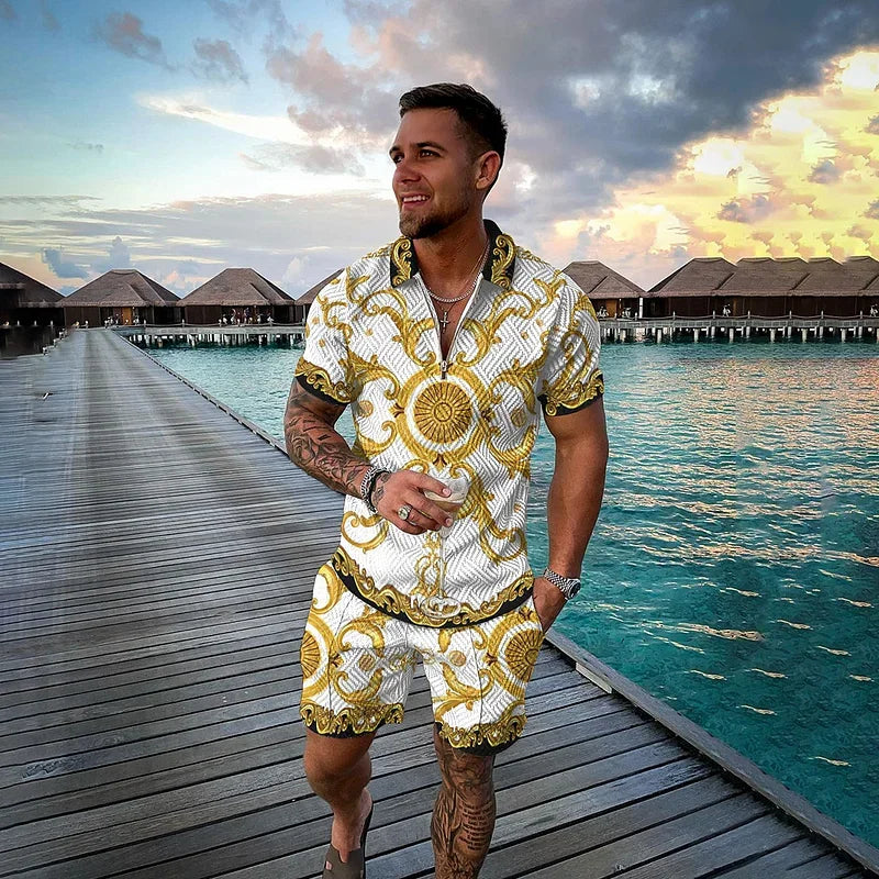 Men Zipper Polo Shirt Suit 2 Pcs Tracksuit Summer 3D Print Beach Boho Geometric Style Holiday Clothing Ensembles De Sport
