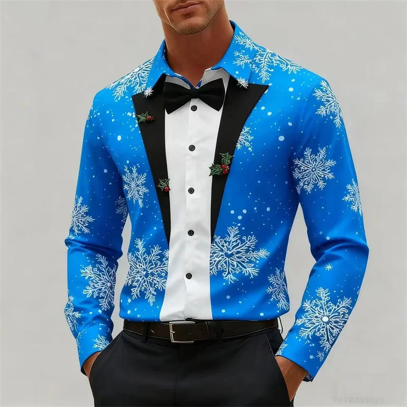Men's Christmas long-sleeved shirt, 3D high-definition printed Christmas tree pattern, lapel button men's shirt, party wear