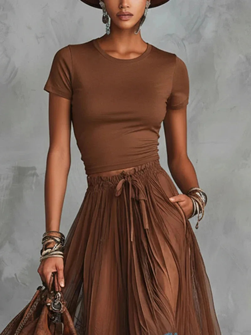 2026 New V Neck Short Sleeve Underwear Top High Waist Lace Spliced Midi Skirt Two Piece Set Women Slim Fit Temperament Outfit