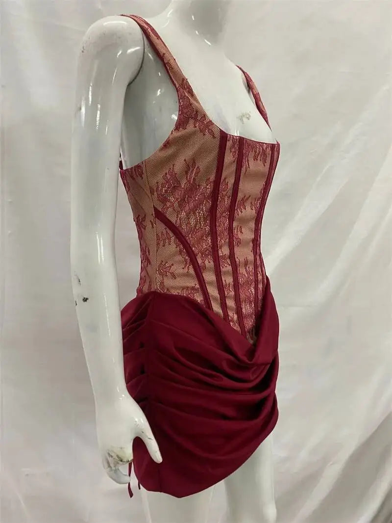 Mozision Lace Corset Mini Dress Women Square Neck Wide Strap Ruched Satin Bodycon Short Dress Club Party Cocktail Vestidos