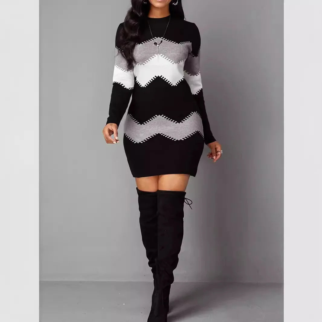 Elegant Party Dresses Female Clothing Women's New Style Women's Fashion Knitted Women's Pullover Knitted Patchwork Tops Dresses
