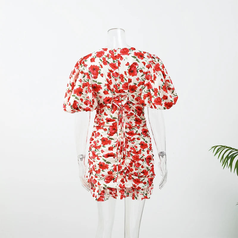 Fashion Women V Neck Printed Short Dress Puff Sleeve Waist-cinching Lace Up Mini Dresses Lady Chic Daily Street Gown 2026 Summer