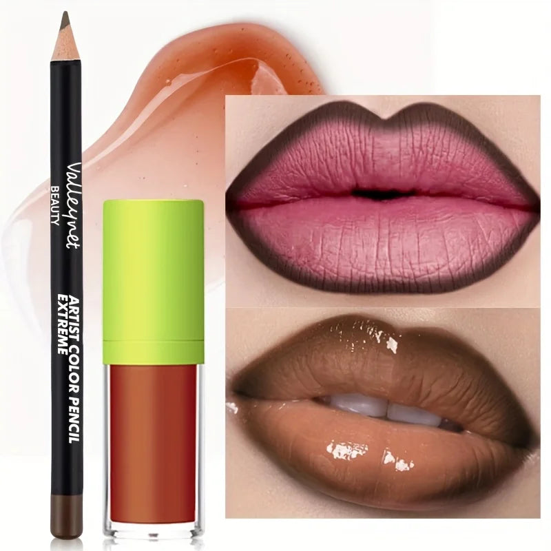 2pcs/Set Lip Gloss & Lip Liner Set Lip Kit Natural Nude Tinted Lip Glow Oil Moisturizing Liquid Lipstick with Lip Liner Combo