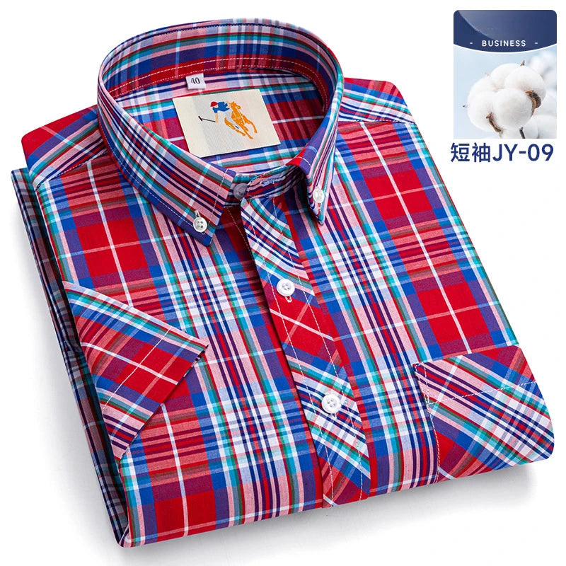 Fashion Korean Plus Size 8XL 100%Cotton Short Sleeve Shirts for Men Slim Fit Formal Plain Shirt Plaid Hawaiian Shirt Casual Top