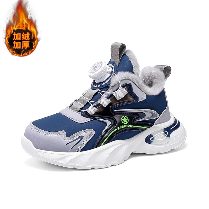 Children Sports Shoes Winter Plush Outdoor Warm Soft Comfort Boy Running Shoes Fashion Rotary Buckle Anti Slip Kids Tennis Shoes