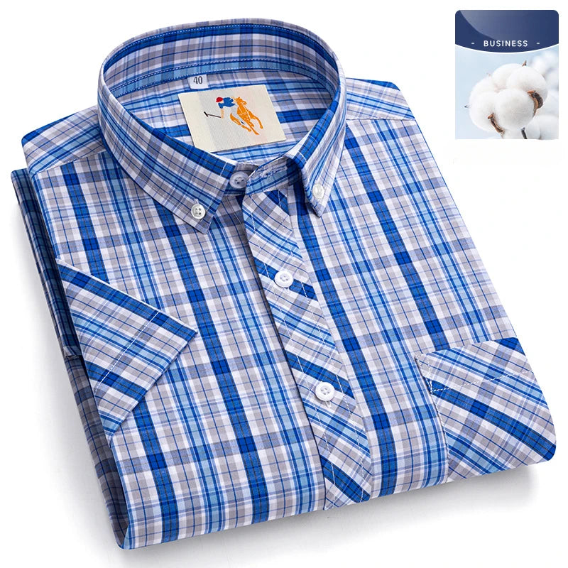 Fashion Korean Plus Size 8XL 100%Cotton Short Sleeve Shirts for Men Slim Fit Formal Plain Shirt Plaid Hawaiian Shirt Casual Top