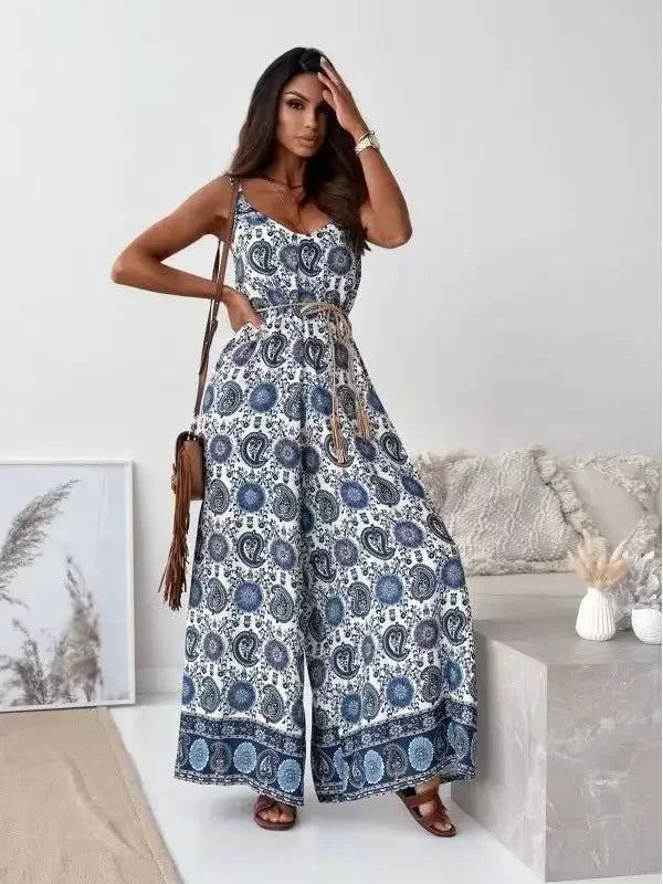Pop Fashion Elegant V-neck High Waist Jumpsuit Women's Pattern Print Loose Long Romper Causal Sleeveless Wide Leg Playsuit Women