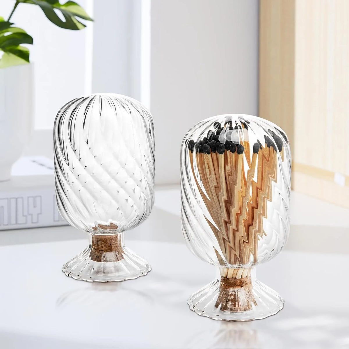 An Inverted Glass Lantern Jar for Matches or Cigarettes (Matches Not Included), for Fireplace or Bathroom Decoration.