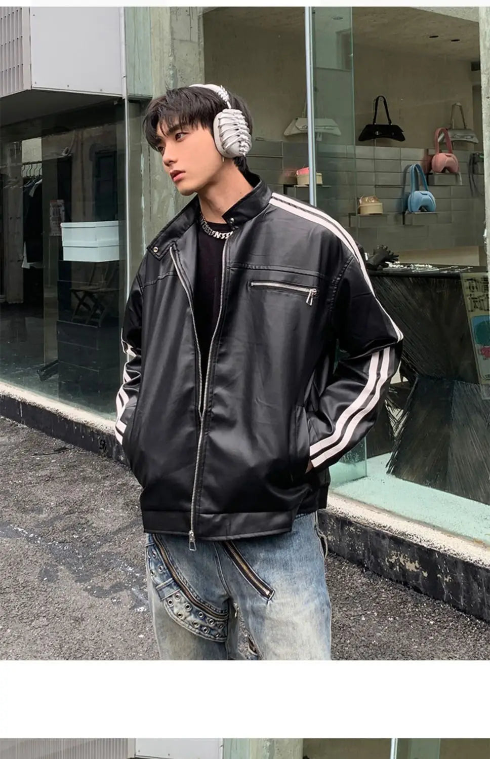 Youth Men's Biker Jacket Patchwork Stripes PU Leather Coat Stand Collar Zipper Long Sleeve Loose Fit Spring Autumn