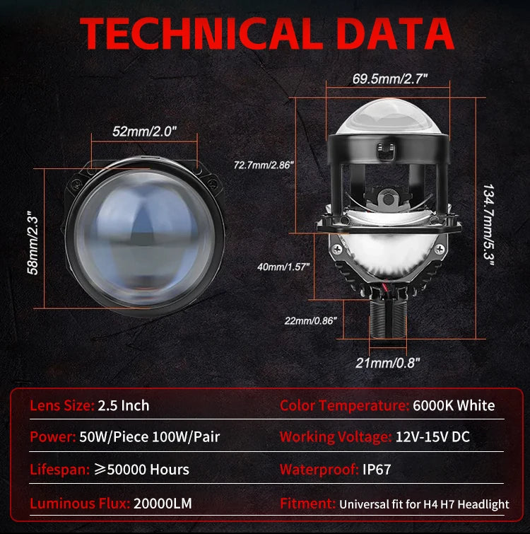 2.5 Inch 100W Bi-Led Projector Lens Led Light For H4 H7 9005 9006 Car Headlight Bulbs High Low Beam 6000K Diodes Turbo H7 Tuning