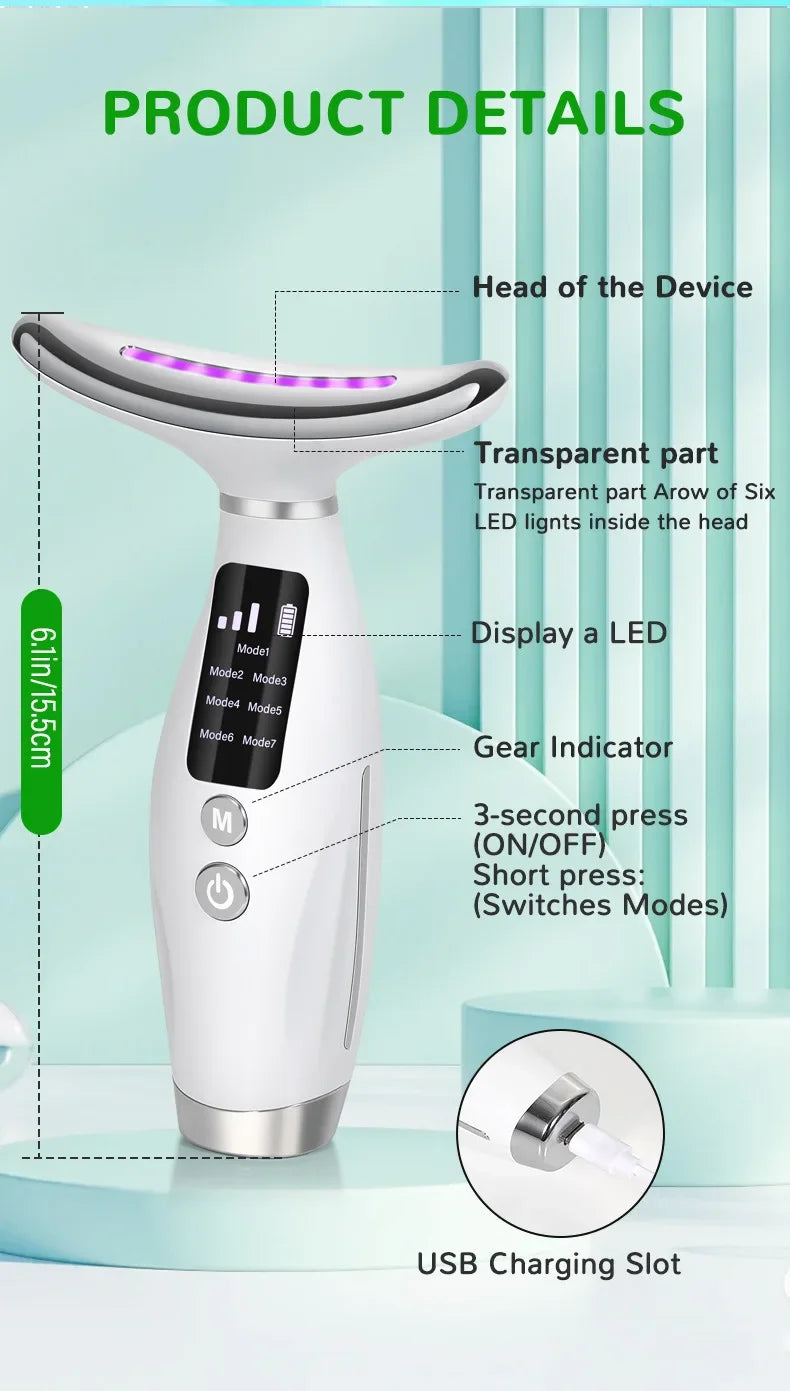 EMS micro current neck beauty instrument, 7-color facial massager, through vibration to enhance facial neck care