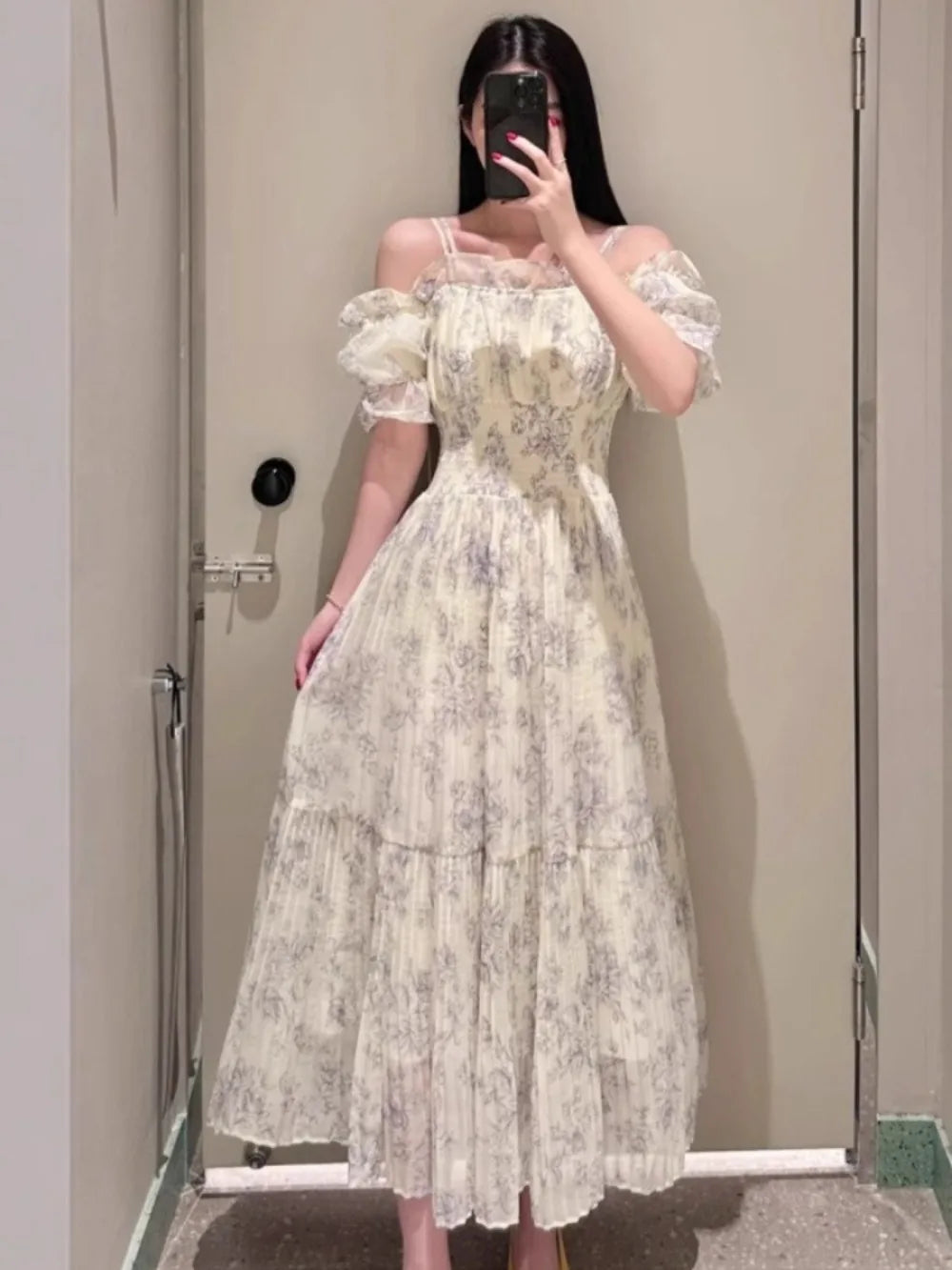 Kuzuwata Fairy Lovely Mesh Ruched Patchwork Robe Mid-length Puff Sleeve Off Shoulder Slim Mujer Japan Print Pleated Fresh Dress