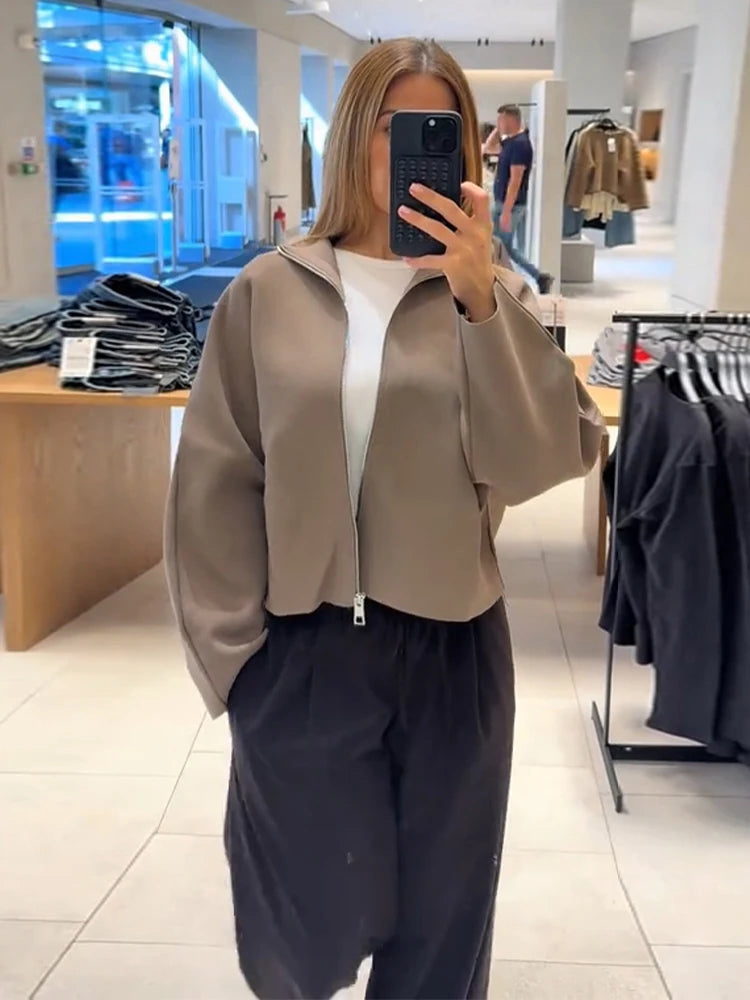 Elegant Knitted Zipper Women's Sweater Solid Full Sleeve Stand Collar Loose Open Stitch Female 2026 Fashion Autumn Outwear Lady