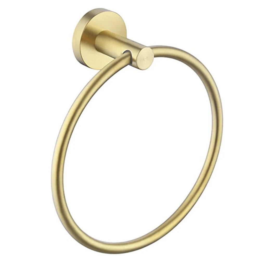 Black/Brushed Gold Stainless Steel Towel Ring Wall Hanging Round Towel Holder with Drill Hole Bathroom Storage Rack Accessory