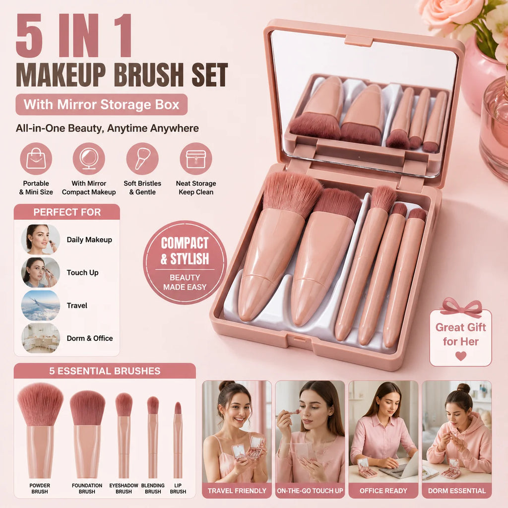 Makeup Brush Set With Mirror Case Portable Travel Cosmetic Brushes Soft Face Powder Foundation Eye Makeup Kit For Women
