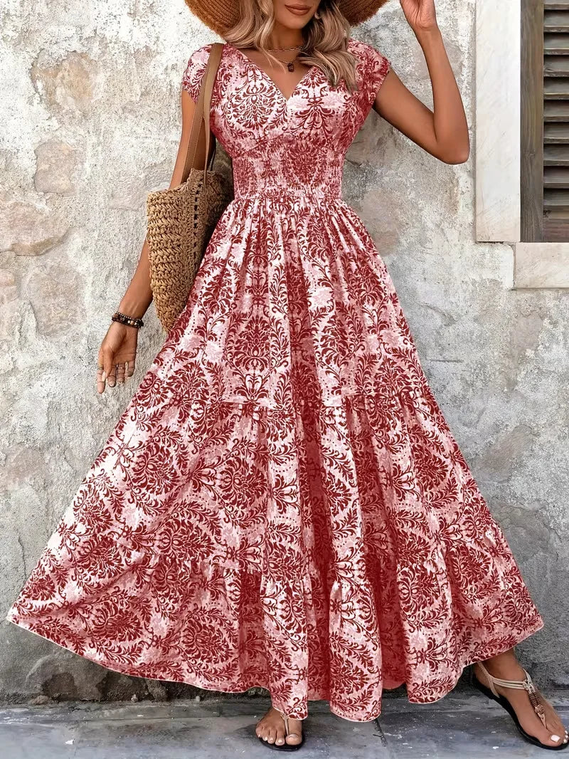 Women's Summer Retro Fashion Floral Printed Sexy V-neck Short Sleeve High Waist Medium Length Bohemian Loose Holidays Dresses
