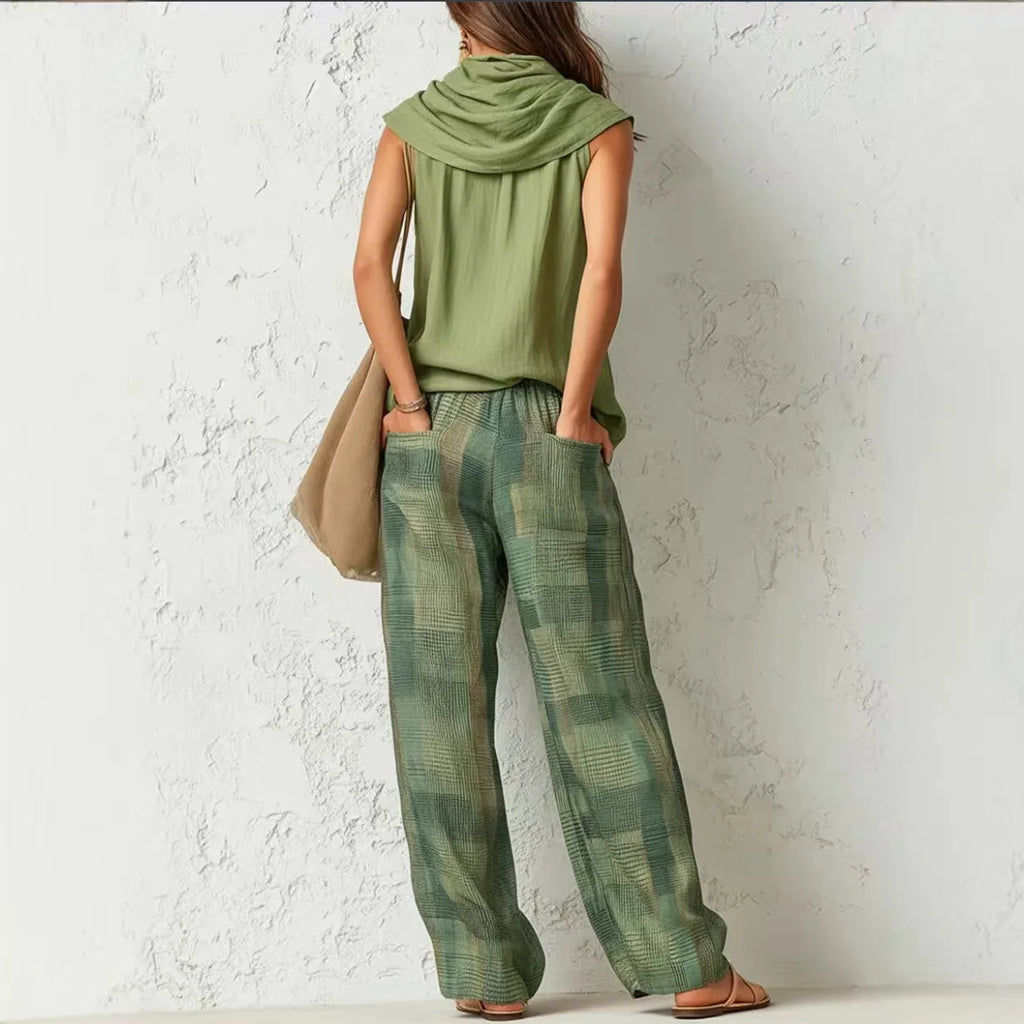 Women’s Casual Pants Set Sleeveless Draped Neck Top and High Waist Plaid Wide Leg Trousers 2 Piece Suit for Office Vacation Club