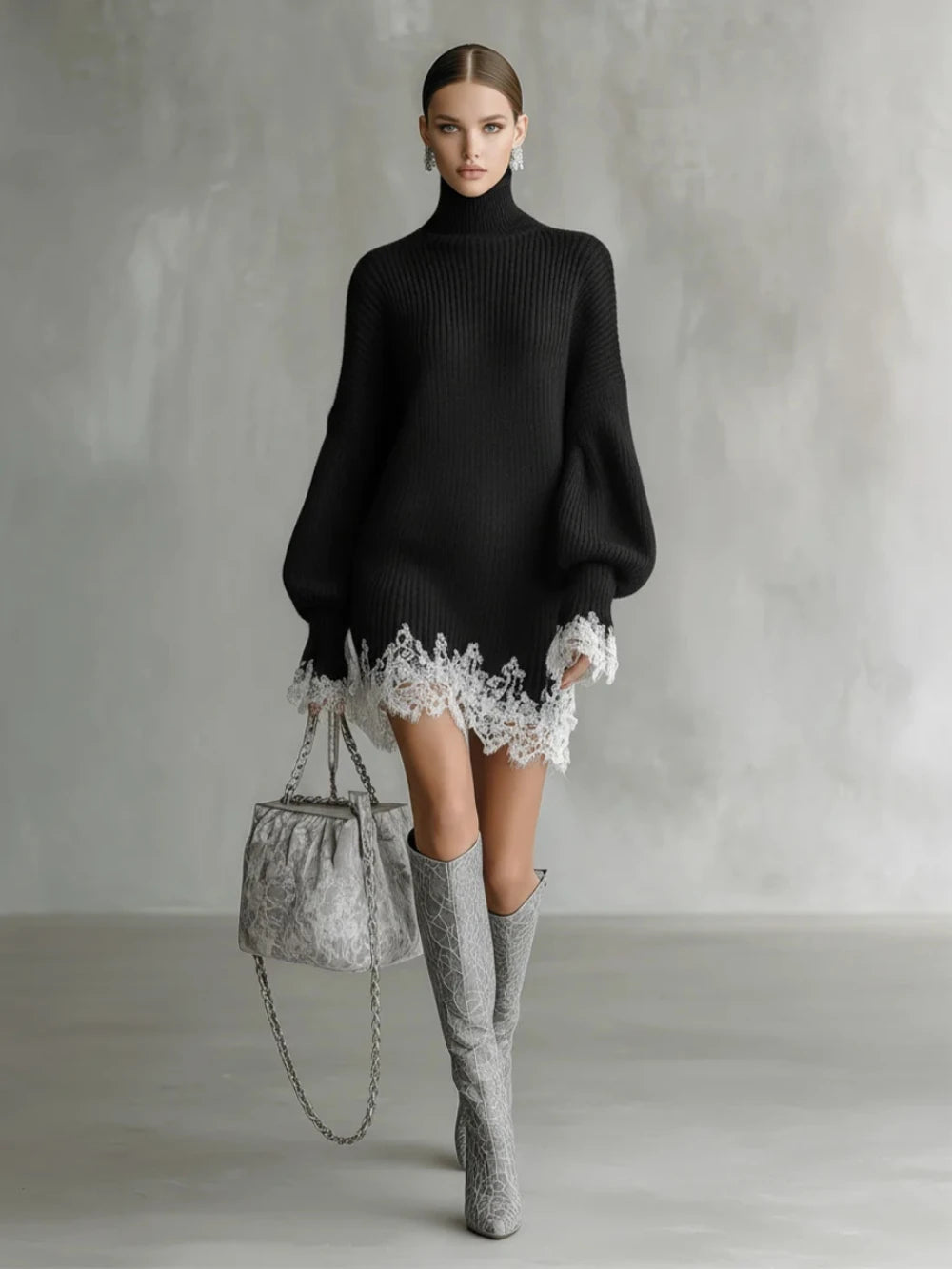 Fall Winter Women Oversized Turtleneck Knit Sweater Dress Lantern Long Sleeve Lace Trim Irregular Hem Loose Pullover Mini Dress