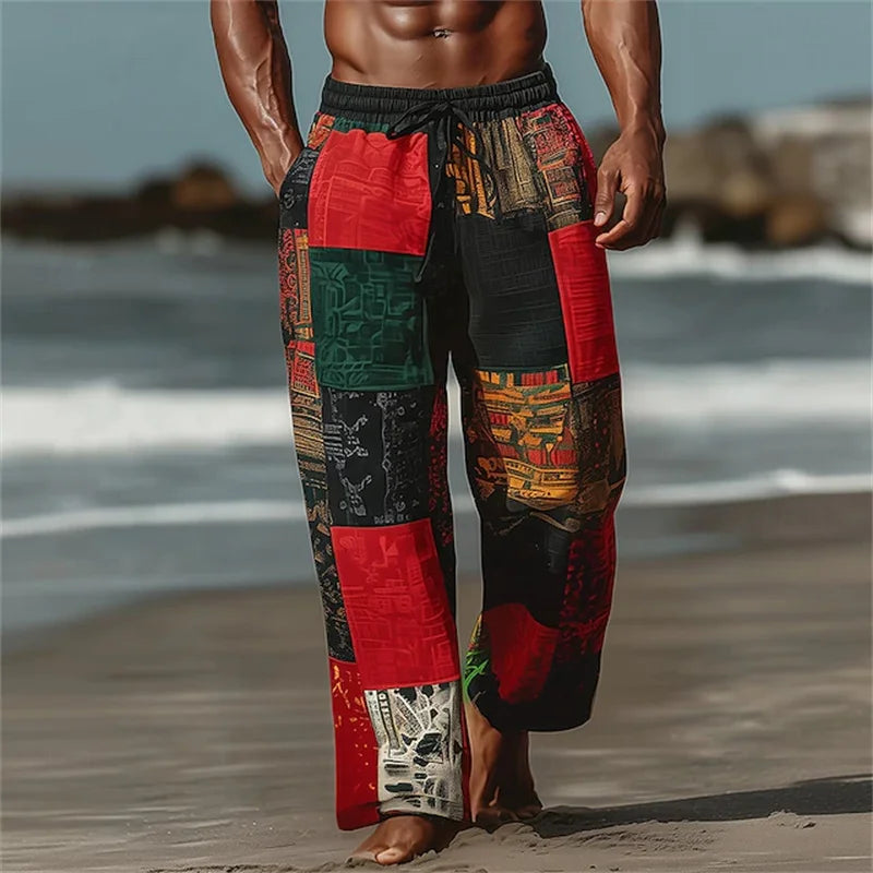 Summer Men's Beach Shorts Relaxed Fit Drawstring Casual Pants 3D Printed Geometric Pattern Breathable Wide-Leg Pants