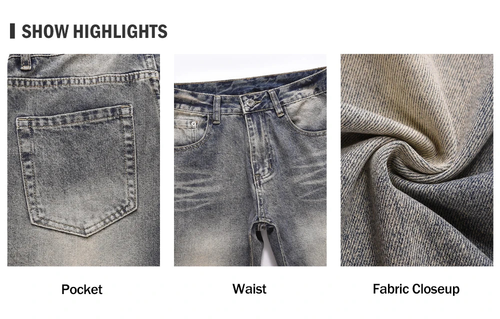 Washed Distressed Blue Denim Pants Mens Autumn Winter Casual Streetwear Straight-leg Jeans Men