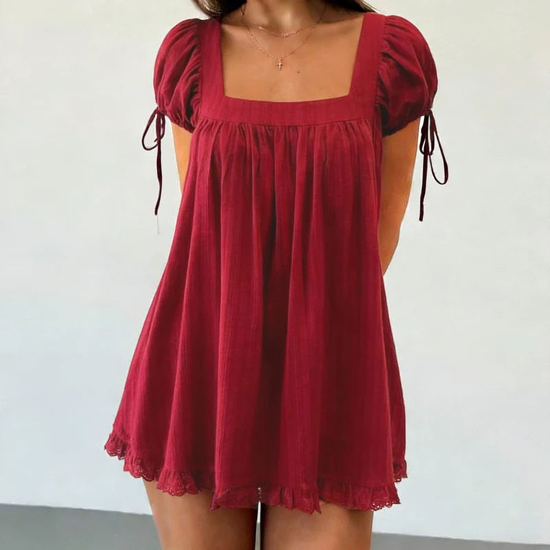Bohemian Puff Sleeve Maternity Dress Women Square Neck A-line Mini Ruffled Dresses Fairy Vintage Loose Fit Flowy Short Dress