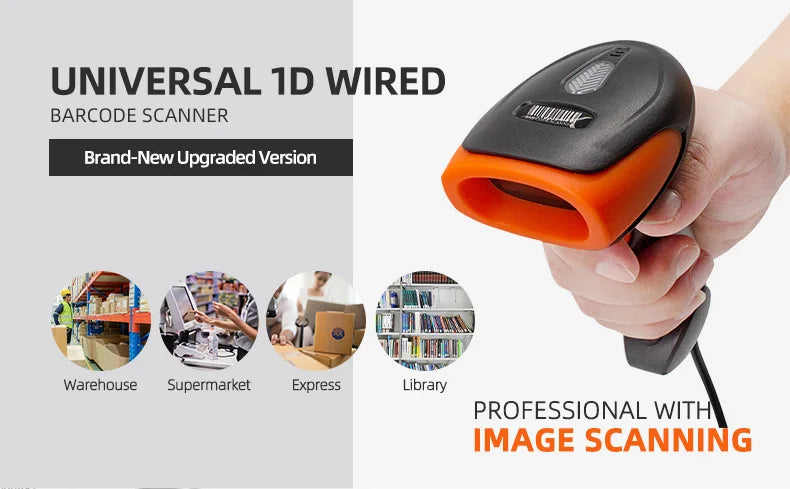 Handheld 1D Barcode Scanner USB Scanner Wired Automatic 1D Data Matrix Bar Code Reader Plug and Play Support for paper barcodes